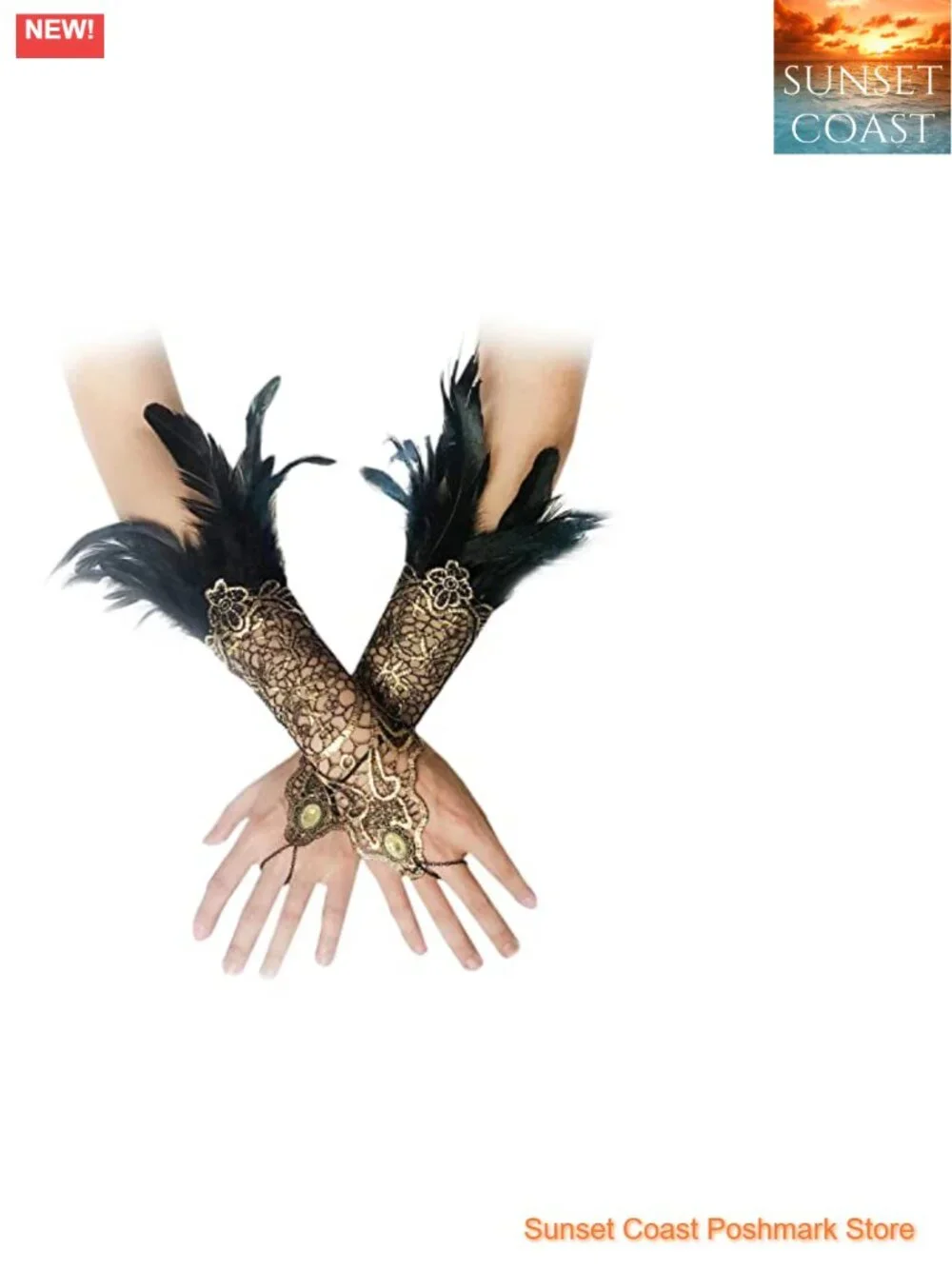 Women's Gothic Lace Feather Fingerless Gloves Wrist Cuffs Handmade